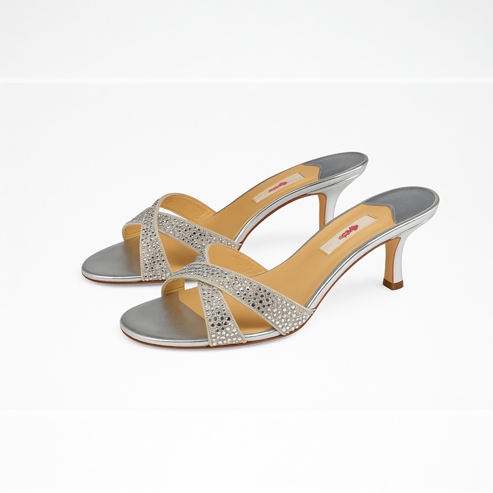 Leggiadro Rhinestone silver Mules Kitten Heel Sandals Leather Sz 38.5 us 8‎